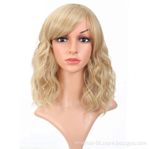 MYZYR high quality heat-resistant synthetic pink wig 16 inches, fluffy wavy bangs wig, synthetic wig supplier (pink)